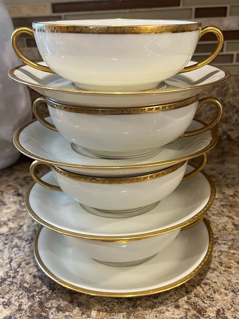 Black Knight Cream and Gold Trimmed Double-Handled Soup Cups with Saucers